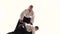 Two guys showing aikido using tanto. Isolated, white. Close up. Close up. Slow motion.