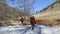 Two guys tourists with backpacks are walking along a trail in the forest