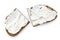 Two half slices of rye bread with cream cheese spread isolated o