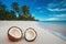 Two halfs of coconut fruits against sea at the tropical sand beach. Punta Cana