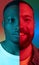 Two halves of different young male faces isolated over colored backgrounds in neon lights. Vertical image, collage.