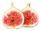 Two halves of fresh ripe figs isolated on a white background. Side view. Natural realistic color