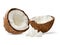 Two halves and pulp of chopped coconut. Close-up. White isolated background.