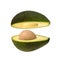 Two halves of ripe avocado isolated on a white background. Surreal design. Pieces of fruit floating in the air