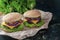 Two hamburger with cutlet grilled, lettuce, tomato, cheese, cucumber on a black background