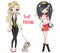 Two hand drawn beautiful cute fashion girls power shopping. with little dog.