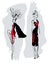 two hand-drawn beautiful young women in fashionable clothes. Mannequins. Sketch. Vector