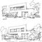 Two hand drawn sketches of modern detached house