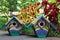 Two Hand-Painted House wren Nest Boxes in the Summer Garden