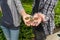 two hand of Young couple holding up golden, silver, copper bitcoin. Focus of bitcoin in open hand. Finance concept