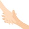 Two hands arms reaching to each other. Handshake. Happy couple. Mother and child. Helping hand. Close up body part. Baby care. Whi