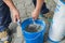 Two hands with bricklayer trowel