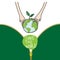 Two hands of the children planting green globe and tree for saving environment nature conservation, ecology concept. vector