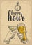 Two hands clink a glass of beer and a glass of cocktails. Vintage vector engraved drawn illustration for web, poster