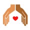Two hands with different skin color touch each other in the form of a house or roof, with the heart isolated on a white