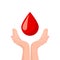 Two hands donate blood. World blood donor day concept. Red drop symbol of volunteer blood donation. Vector illustration