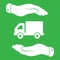 Two hands with flat truck pictogram