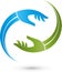 Two hands in green and blue, hands and helper logo