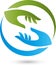 Two hands in green and blue, hands and helper logo