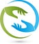 Two hands in green and blue, massage and orthopedic logo