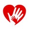 Two hands on heart, charity icon, organization of volunteers, family community