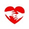 Two hands on heart, charity icon, organization of volunteers, hands holding heart, family community â€“ vector