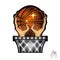 Two hands hold basketball ball above basket. Sport logo for any team or competition isolated