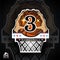 Two hands hold basketball ball with number 3 above basket. Sport logo