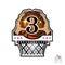 Two hands hold basketball ball with number 3 above basket. Sport logo for any team or competition isolated