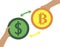 Two hands hold coins of green yellow color. bitcoin infographic. Image of an exchange of dollar on bitcoin and back on a