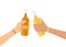 Two hands holding and clinking bottles with kombucha tea on a white background. Vector illustration in flat style