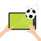 Two hands holding genering tablet PC gadget. Male female teen hand and black Tab with blank screen. Soccer ball flying from touch