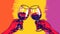 Two hands holding glasses of red wine. Flat illustration in pop art style. Cheers. Congratulations and toast at party