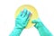 two hands in mint blue rubber gloves with a purple sponge for dishes wash a yellow plate.