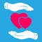 Two hands protecting pink hearts icon