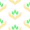 Two hands surrounding green leaves, seamless pattern