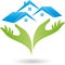 Two hands and three houses, roofs, real estate logo