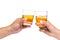 Two hands toasting whiskey on the rock with white background