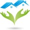 Two hands and two houses, roofs, real estate logo