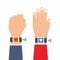 Two hands wear fitness sport tracker bracelet in flat vector illustration. Fitness human`s hand wearing smartwatch in cartoon