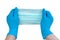 Two hands wearing blue gloves holding facial medical mask prepare to ware for protect allergic reaction or infectious diseases