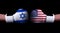 Two hands of wearing boxing gloves with USA and Israel flag. Boxing competition concept. Confrontation between two countries