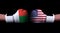 Two hands of wearing boxing gloves with USA and Madagascar flag. Boxing competition concept. Confrontation between two countries