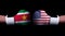 Two hands of wearing boxing gloves with USA and Suriname flag. Boxing competition concept. Confrontation between two countries