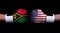 Two hands of wearing boxing gloves with USA and Vanuatu flag. Boxing competition concept. Confrontation between two countries