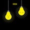 Two hanging Idea light bulb icon set Happy smiling face. Shining effect. Dash line. Cute cartoon character. Yellow color switch on