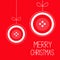 Two hanging red button merry Christmas ball with bow dash line thred applique Card Flat design