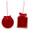 Two hanging red empty price tags with bow