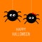 Two hanging spider insect family couple. Boy Girl. Happy Halloween card. Flat design