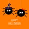 Two hanging spider insect family couple. Boy Girl. Witch hat. Happy Halloween card. Flat design